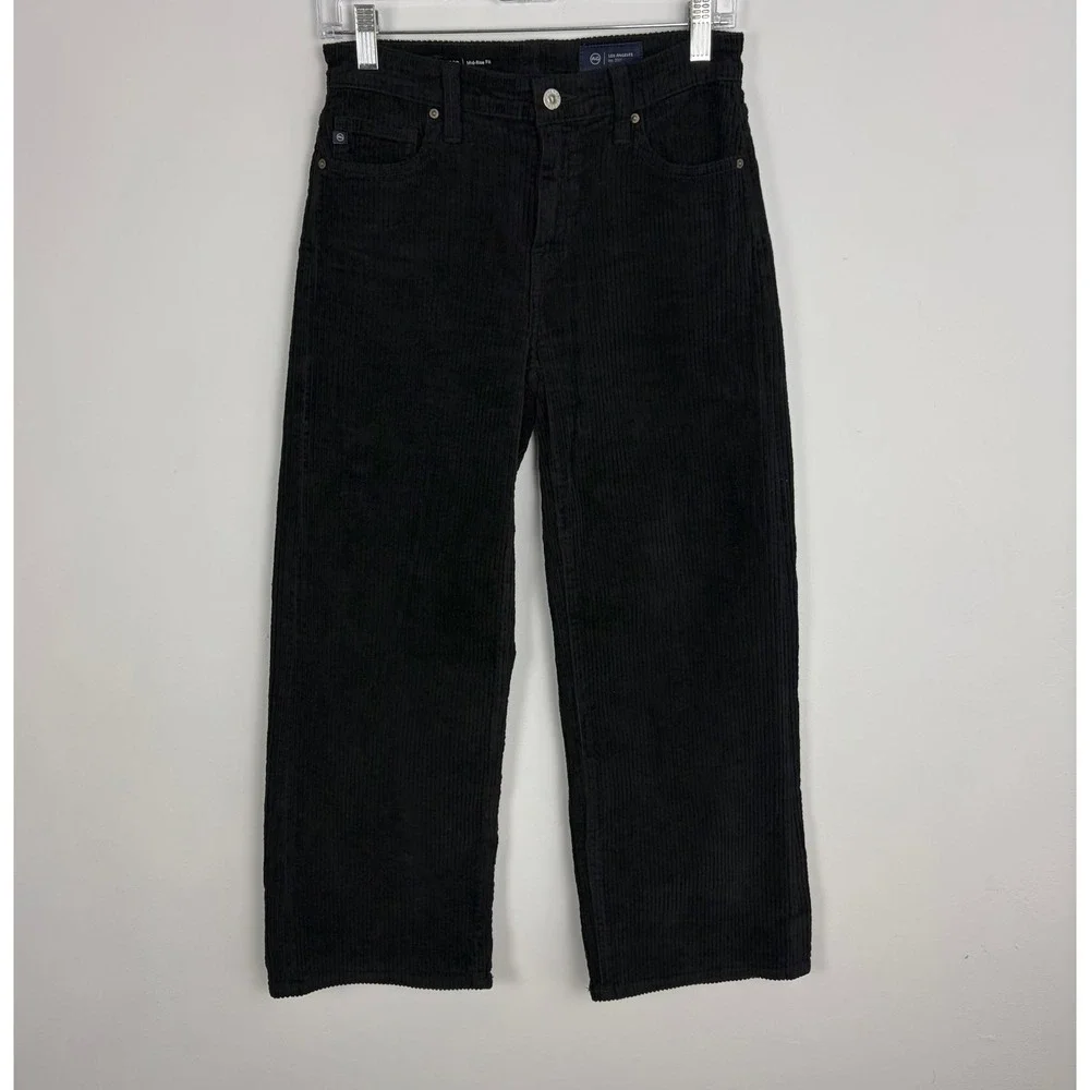 AG Cherise Crop Wide Leg Corduroy Jeans Super Black Mid Rise Plush Size 24